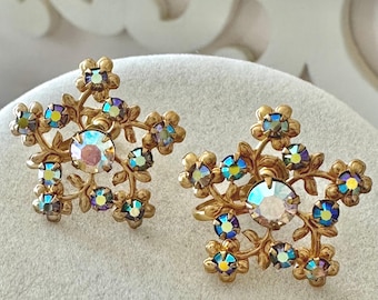 Vintage Gold Tone Snowflake/Floral Earrings with Aurora Borealis Stones Unsigned