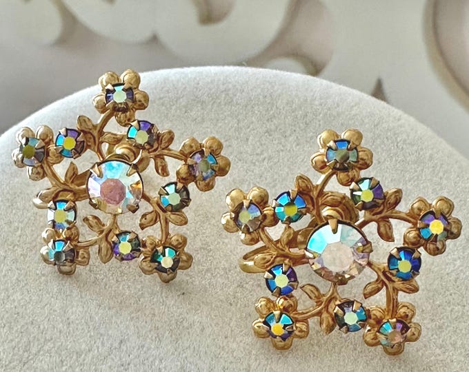 Vintage Gold Tone Snowflake/Floral Earrings with Aurora Borealis Stones Unsigned