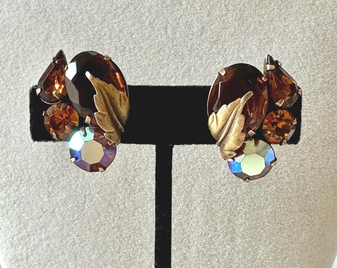 Vintage Gold Tone and Autumn Colored Rhinestone Earrings Clip On