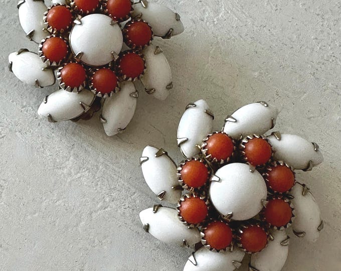 Vintage Milk Glass and Coral-Colored Bead Earrings Unsigned