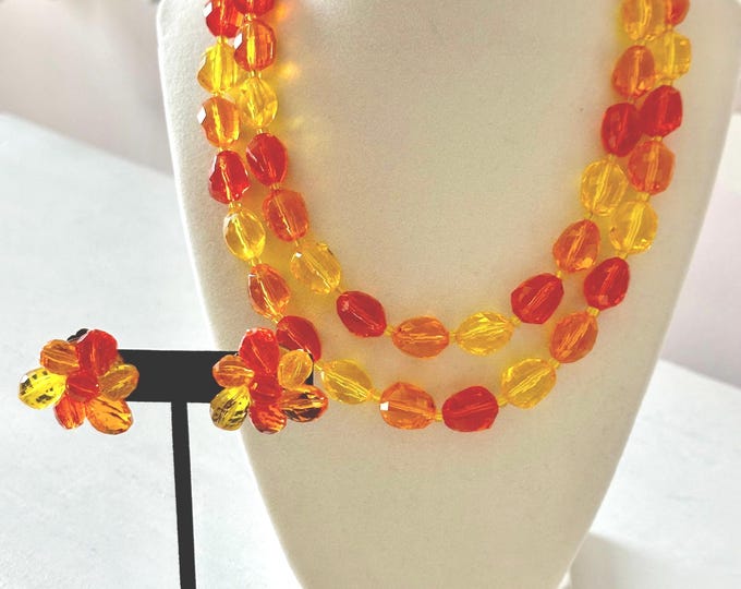 Vintage West Germany Brilliant Orange and Yellow Necklace + Earrings
