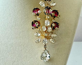 Vintage Vendome Watermelon Pagoda and Clear Rhinestone Dangling Brooch 3.25"