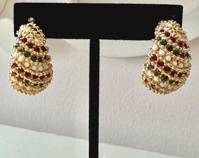 Vintage Gold Tone and Red, Green, and White Stone  Earrings Clip-On