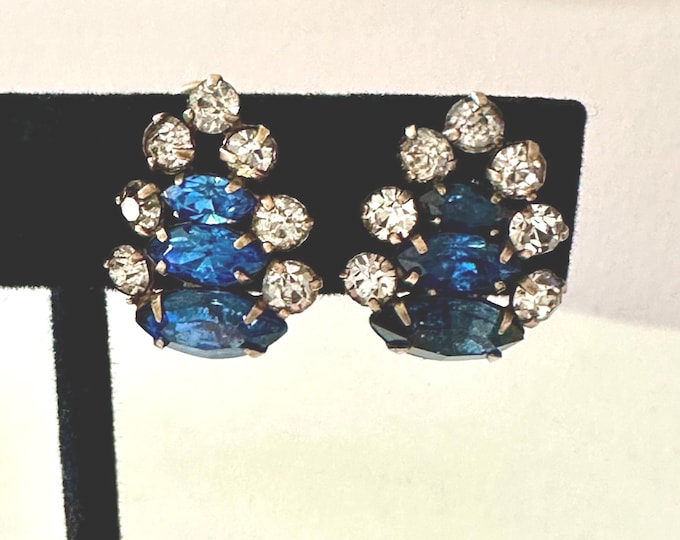 Vintage D'eri Gold Filled Blue and Clear Rhinestone Earrings Screw-Back