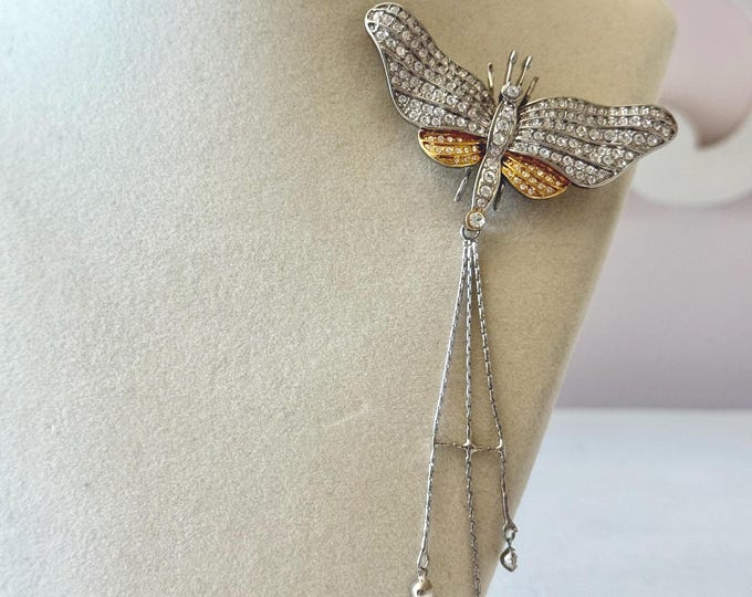 Vintage Gold and Silver Tone Rhinestone Tailed Butterfly Brooch Unsigned