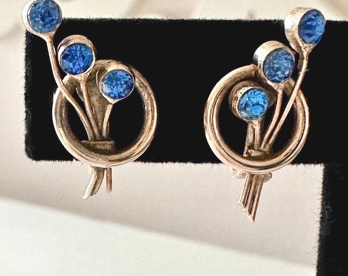 Vintage Petite Gold Tone and Blue Rhinestone Earrings Unsigned Screw-Back