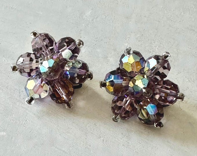 Vintage Italian Pale Lilac AB Crystal Earrings Clip-On