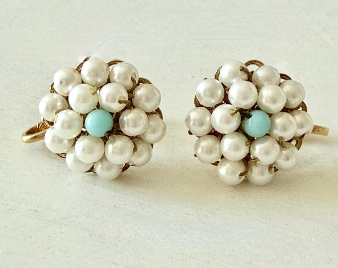 Vintage Hobe Petite Faux Pearl Earrings with Blue Glass Bead Clip-On