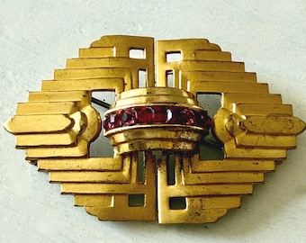 Vintage Early Coro Gold Tone Art Deco Brooch with Pink Rhinestones