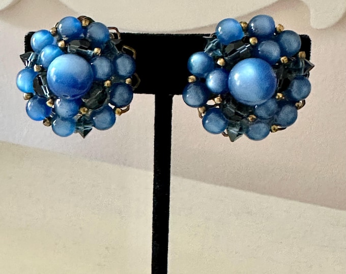 Vintage Lisner Blue Beaded Earrings Clip-On