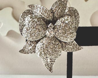 Vintage Silver Tone and Clear Rhinestone Floral Clip Unsigned