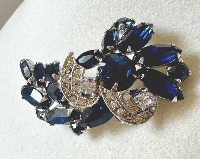 Vintage Weiss Curved Deep Blue Rhinestone Brooch 2 1/8"