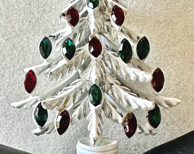 Vintage Lisner Christmas Tree Brooch White Enamel with Multi-color Ornaments 2 1/8"