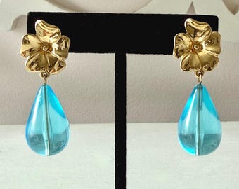 Vintage Trifari Gold Tone Earrings with Aqua Acrylic Teardrop for Pierced Ears