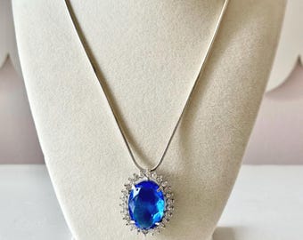 Vintage Blue Stone and Rhinestone Pendant/Brooch + Sterling 925 Snake Chain