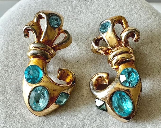 Vintage Gold Tone and Aqua Rhinestone Earrings Clip-On Unsigned