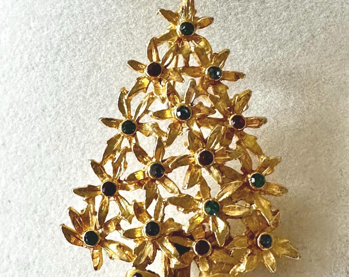 Vintage Hobe Gold Tone Christmas Tree Brooch with Bird and Bow 2 3/4"