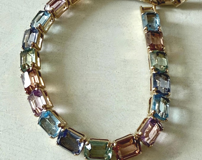 Vintage Monet Gold Tone Pastel Stone Tennis Bracelet