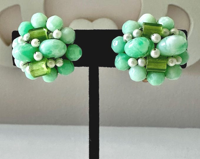 Vintage Green Acrylic Beaded Earrings with Faux Pearls from Japan