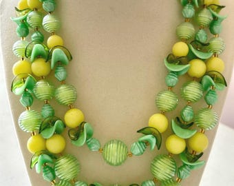 Vintage Hong Kong 3-Strand Acrylic Lemons and Limes Necklace