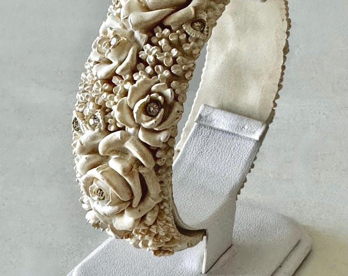 Vintage Carved Roses Celluloid Cuff Bracelet with Rhinestones