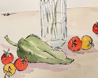 Fresh Garden Veggies & Flowers - Original Watercolor with Matte - Line and Wash - Floral Still Life Art - 5.5 x 8.5 inches - 11 x 14 Matte