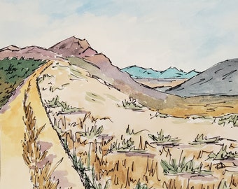 Colorado Landscape - Original Watercolor with Matte - Line and Wash - Nature Art - 7x7 inches - 12x12 Matte