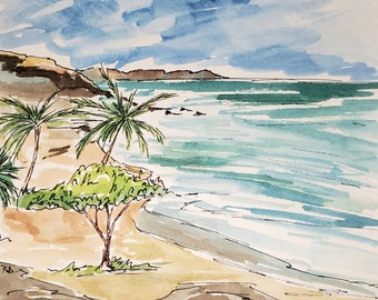 Beach Scene - Original Watercolor with Matte - Line and Wash - Garden Art - 7x7 inches - 12x12 Matte