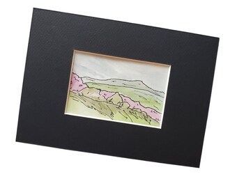 Distant Hills - Original Watercolor with Matte - Line and Wash - Floral Still Life Art 2.25 x 3.75 inches - 5x7 Matte