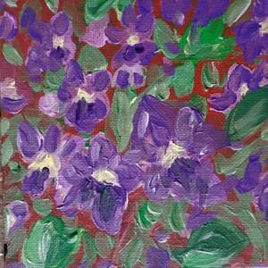 May include: A painting of purple flowers with green leaves on a red background. The flowers are painted in a loose, impressionistic style.