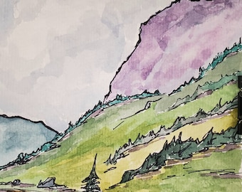 Mountain Landscape - Original Watercolor with Matte - Line and Wash - Travel Art - 5.5 x 8.5 inches - 11 x 14 Matte