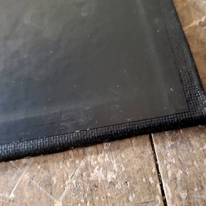 May include: Close-up of the edge of a black chalkboard with a black fabric border.