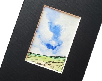 Blue Sky - Original Watercolor with Matte - Line and Wash - Floral Still Life Art 2.25 x 3.75 inches - 5x7 Matte