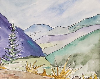 Mountain Colors Landscape - Original Watercolor with Matte - Line and Wash - Nature Art - 7x7 inches - 12x12 Matte