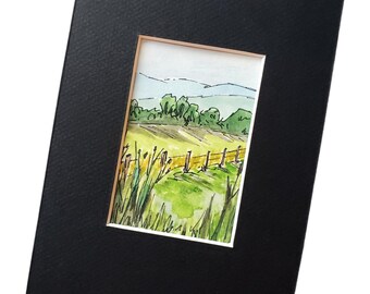 Country fence - Original Watercolor with Matte - Line and Wash - Landscape Art - 2.25 x 3.75 inches - 5x7 Matte