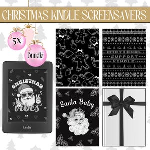 May include: A set of five Christmas-themed Kindle screensavers. The screensavers feature a variety of designs, including a gingerbread man, a Santa Claus, and a Christmas tree. The text "Christmas Vibes" and "Santa Baby" are included in the designs.