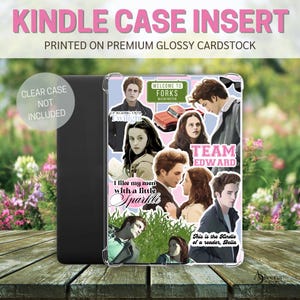 May include: A colorful collage of images from the Twilight saga printed on a white background. The collage includes images of Bella Swan, Edward Cullen, and Jacob Black. The text "Team Edward" is printed in black letters on a white background. The text "I like my men with a little sparkle" is printed in black letters on a white background. The text "This is the Kindle of a reader, Bella" is printed in black letters on a white background.