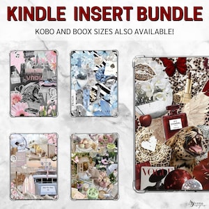 Op de afbeelding: Een bundel Kindle-inzetstukken met verschillende ontwerpen. De inzetstukken tonen bloemen, dierenprints en collage-kunstwerken. De tekst "KINDLE INSERT BUNDLE" en "KOBO AND BOOX SIZES ALSO AVAILABLE!" worden bovenaan weergegeven. De inzetstukken zitten in doorzichtige hoesjes.
