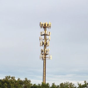 Cell Tower with Blue Sky and Trees