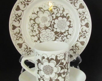 GREY GARDENIA Arabia of Finland, Trio Coffee cup, saucer and cake plate.