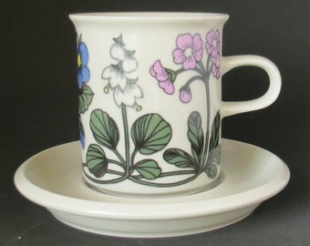 May include: A white ceramic teacup and saucer with a floral design. The design features pink, blue, and white flowers with green leaves.
