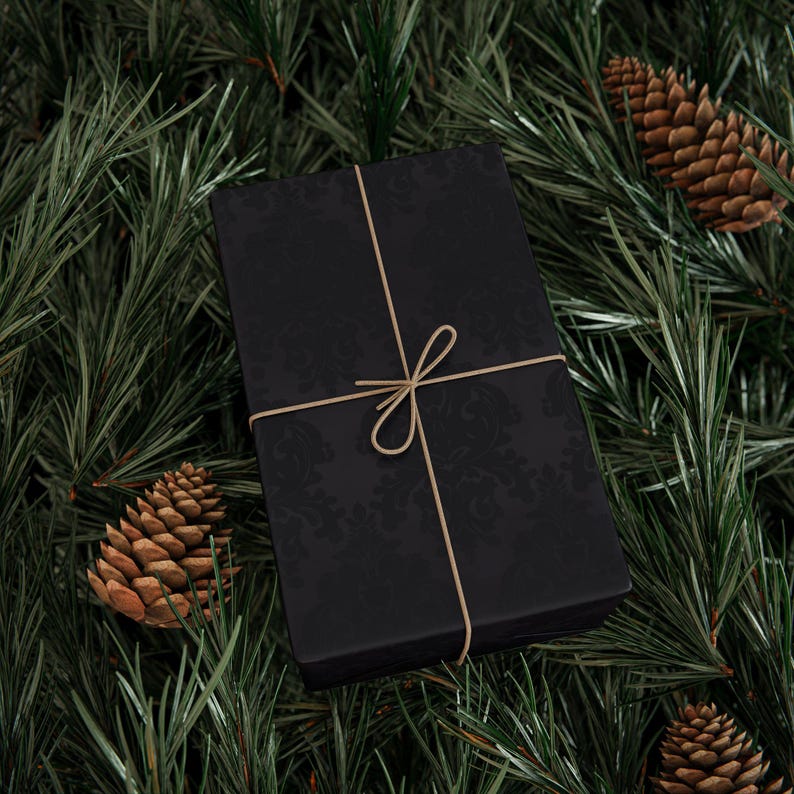 Black Damask Wrapping Paper, Elegant Gothic Gift Wrap image 8