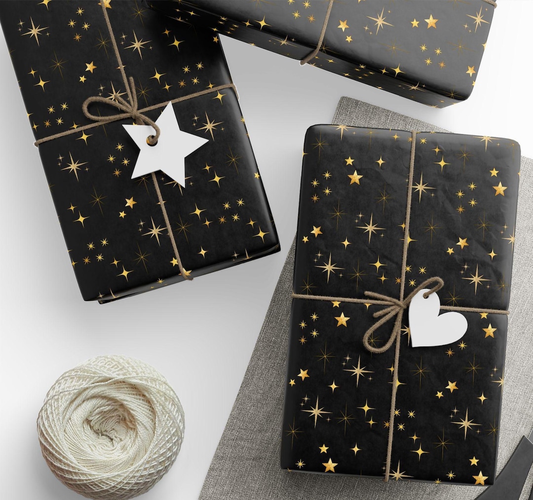 Christmas Star Wrapping Paper: Black & Gold Celestial Gift Wrap - Etsy