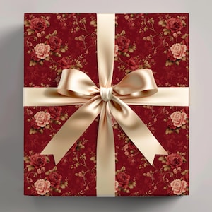 Elegant Vintage Red Floral Wrapping Paper Romantic Rose Gift Wrap with Gold Accents for Weddings, Anniversaries & Special Occasions