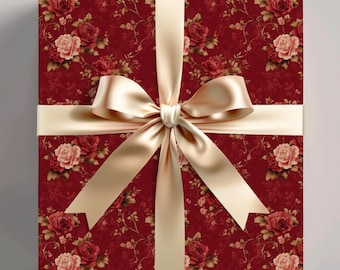Vintage Red Rose Wrapping Paper: Elegant Floral Gift Wrap with Gold