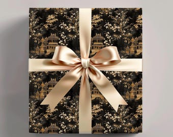 Black and Gold Chinoiserie Wrapping Paper: Elegant Asian Pagoda Gift Wrap