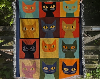 Patchwork Cat Blanket: Woven Cotton Throw, Cat Lover Gift
