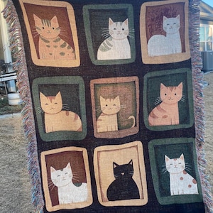 Cat Patchwork Woven Blanket Cat Lover Gift Cozy Cotton Throw Blanket Cat Mom Gift Whimsical Feline Decor Cottagecore Cat Throw Vintage