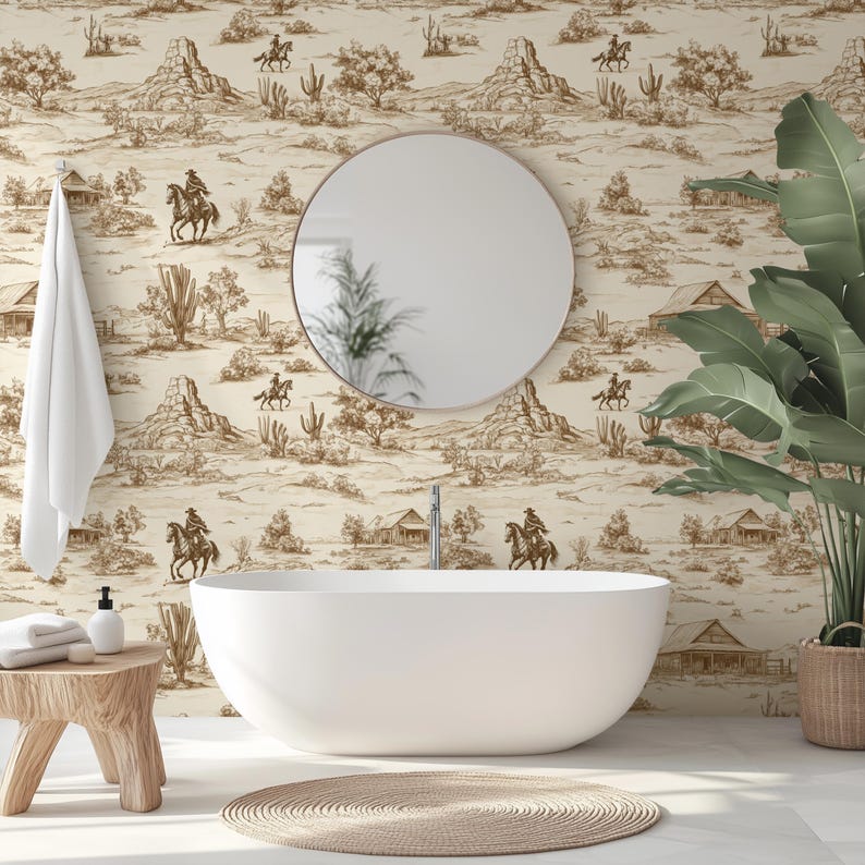 Vintage Western Toile Wallpaper: Rustic Cowboy Ranch Mural - Etsy