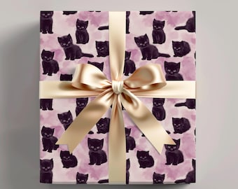 Black Kitten Wrapping Paper: Lavender Watercolor Cat Lover Gift Wrap